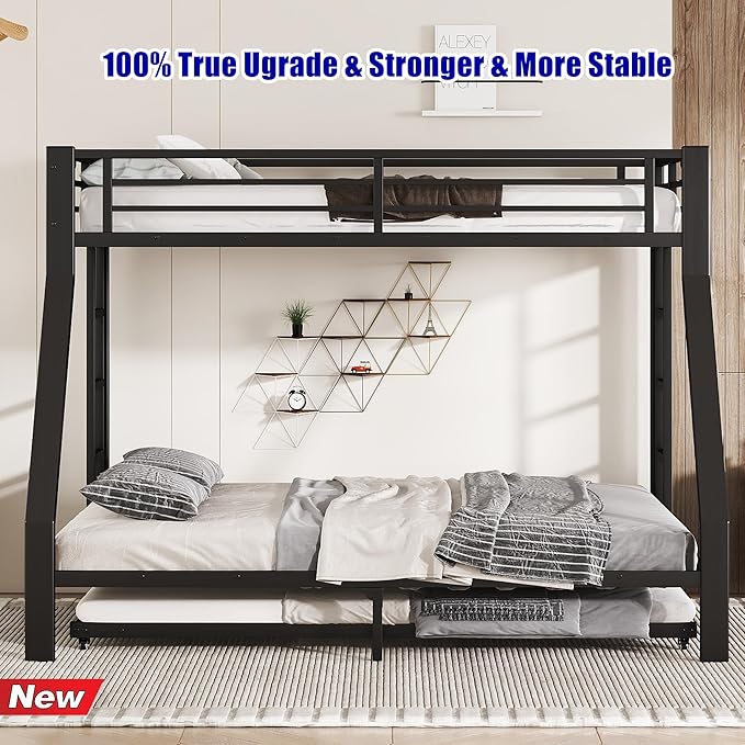 SIGONE Stronger & Safer Heavy Duty Twin XL Over Queen Bunk Bed with Twin Trundle for Adults Teens, Thickened More Stable Metal Bunkbed Frame (Greater Weight Capacity)