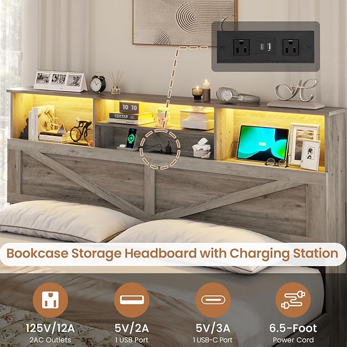 VIAGDO Farmhouse Bed Frame King Size with Bookcase Storage Headboard, Charging Station and LED Lights, Wooden King Bed Frame with 4 Drawers, Barn Door Design, No Box Spring Needed, No Noise, Grey