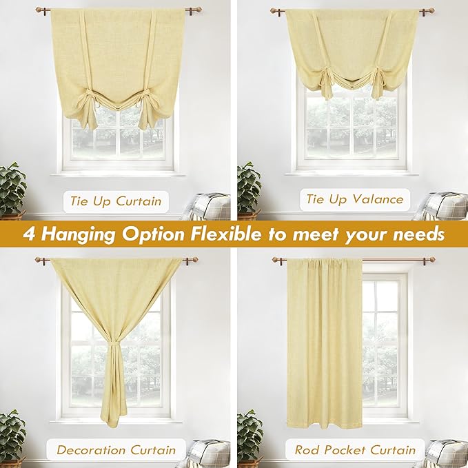 DriftAway Double Layer Linen Blackout Tie Up Curtains Thermal Insulated Fully Lined Balloon Roman Shade Bathroom Window Adjustable Rod Pocket for Small Window 31 Inch by 47 Inch Yellow