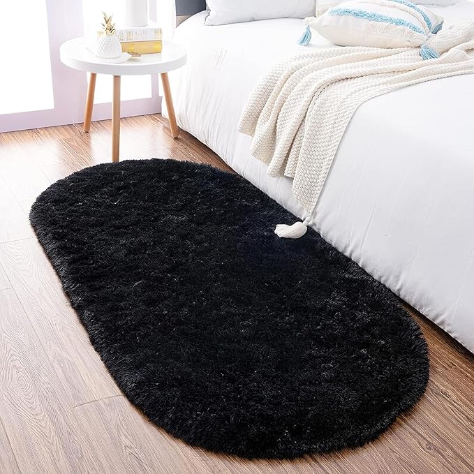 Noahas Fluffy Black Rugs for Bedroom Living Room,2'X5' Oval Throw Rug for Kids Room,Shag Hallway Runner Rug,Small Soft Shaggy Bedside Non-Slip Plush Nursery Dorm Carpet Home Decor Aesthetic