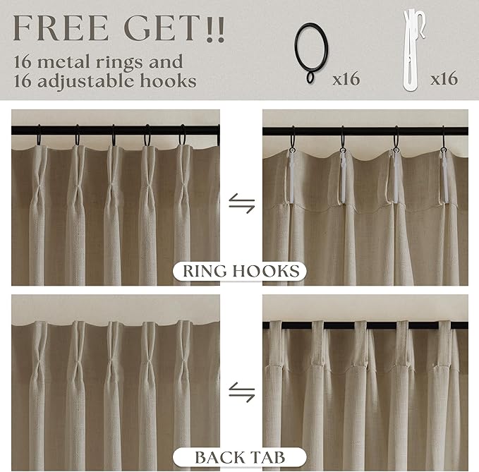 Textured Linen Burlap Curtains 84 Inches Long 2 Panels Neutral Country Tan Greige Flax Ceiling Floor Pinch Pleated Curtains Hooks Track Light Filtering Privacy Drape for Living Room Ofiice Grey Beige