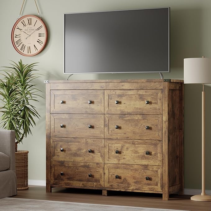 Tall 8-Drawer Dresser, Modern Wooden Storage Chest of Drawers, Dresser TV Stand, Wood Drawer Organizer with Metal Handles for Bedroom, Living Room, Hallway