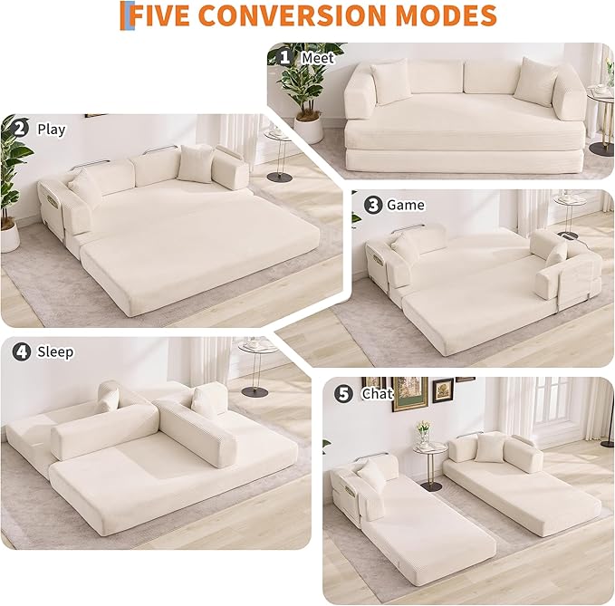 Garvee 5-in-1 Convertible Sofa Bed, 78.8" Modular Corduroy Sleeper with Sturdy Frame & No Assembly, Multi-Functional Futon for Small Space, Living Room & Guest Room (Beige)
