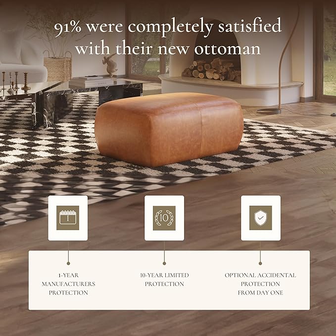 POLY & BARK Denver Ottoman – 43" Large Pouf with Feather-Down Topper – Full-Grain Leather Upholstered Pouf Ottoman for Living Room – Vintage Italian Leather in Cognac Tan