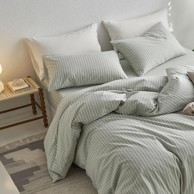 MooMee Striped Duvet Cover Set 100% Washed Cotton Linen Like Textured Breathable Durable Soft Comfy (Sage Green White Wide Stripes, Queen 90"x90")