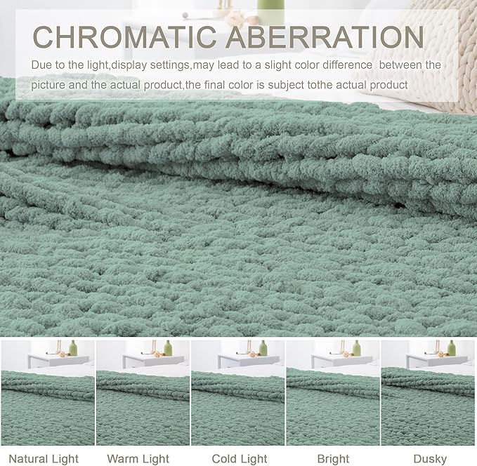 Chunky Knit Throw Blanket 60"X 80", 100% Handmade with Soft Chenille Yarn, 6.7lbs Thick Cable Knitted Blankets, Large Rope Knot Crochet Throws for Couch Sofa Bed Home Decor, Sage Green