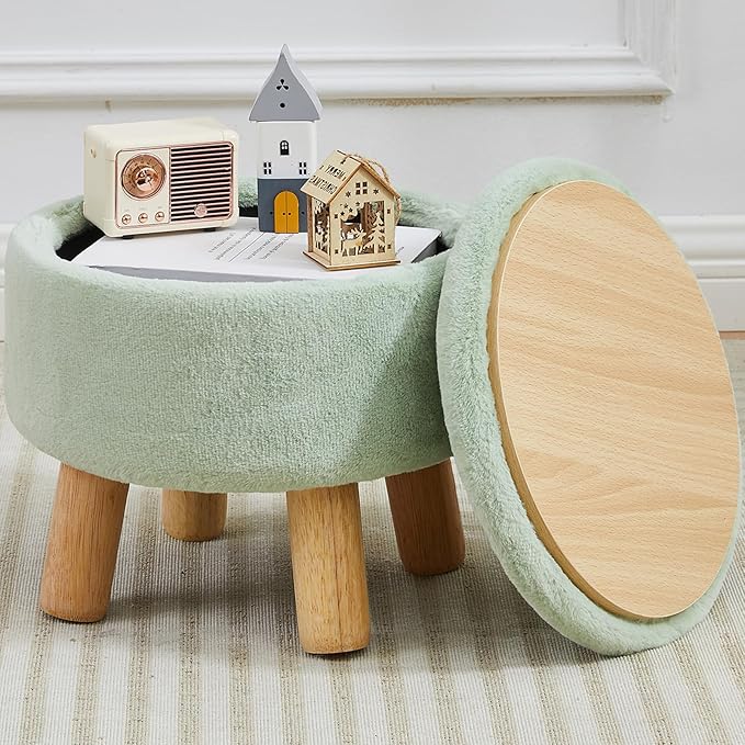 FIMIVIBI Small Foot Stool Ottoman with Storage, Soft Faux Fur Ottoman Foot Rest for Couch, Round Footstool with Storage, Small Ottomans and Footstools for Living Room and Entryway (Light Green)