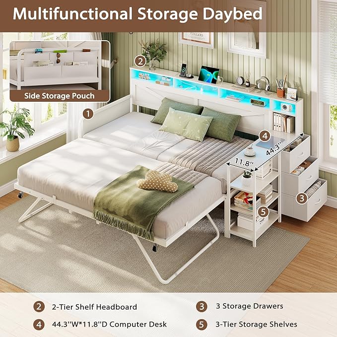 VIAGDO Daybed Twin with Pop Up Trundle, Farmhouse Wooden Day Bed Frame with 3 Storage Drawers and Shelves, Twin to King Daybed with Charging Station and LED Lights for Bedroom, Guest Room, White