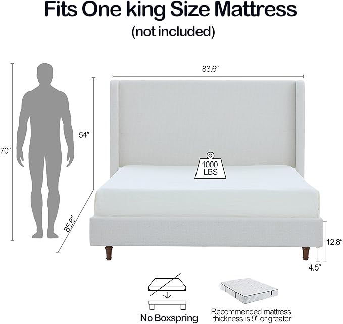 King Size Upholstered Bed Frame, 54" Tall Headboard Curved Wingback Platform Bed Frame/Elegant Boucle Bed Frame for Bedroom/ Wood Slats Support/No Box Spring Needed/Easy Assembly/Cream White Boucle