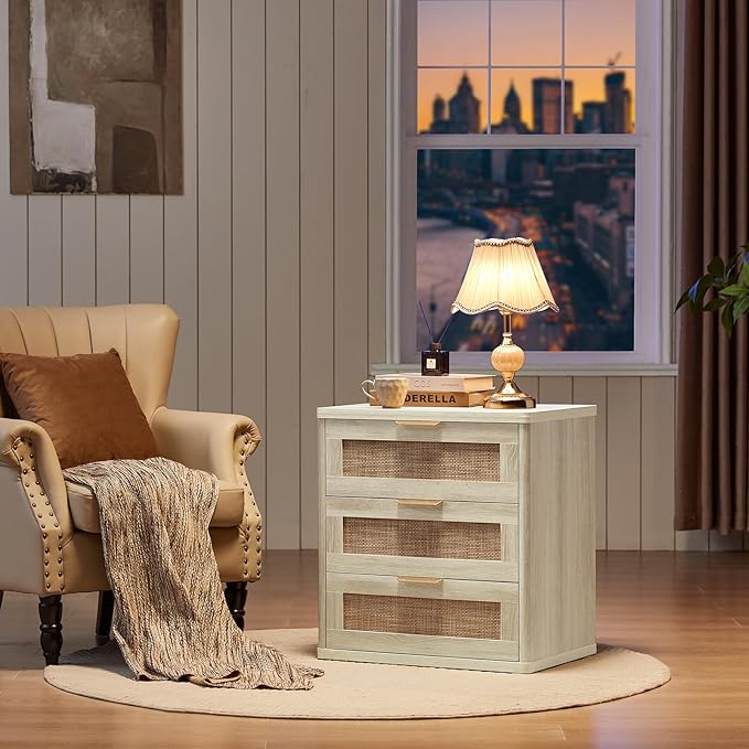 LEYAOYAO Boho Night Stands Set 2 with Storage, 23" Rattan Nightstand with 3 Drawers, Grey White Bed Side Table, Bedside End Tables for Bedroom, Living Room, Hallway