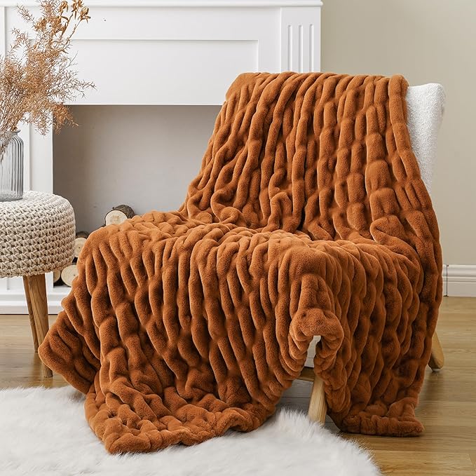 BATTILO HOME Burnt Orange Faux Fur Throw Blanket for Couch, Double Side Ruched Reversible Rabbit Fur Blanket for Bed, Sofa, Cozy Soft Mink Blanket, Fall Throw Blanket Fall Decor, 50x60 Inches