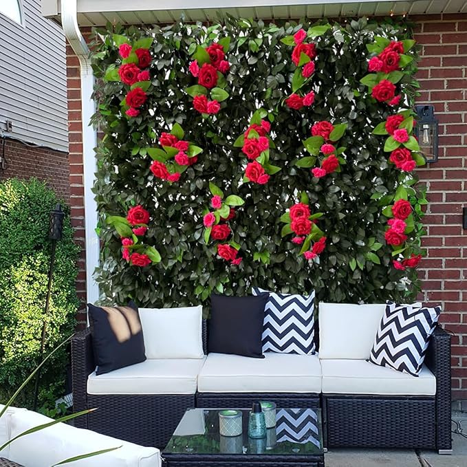 Sumery Expandable Fence Privacy Screen for Balcony Patio Outdoor,Decorative Faux Ivy Fencing Panel,Artificial Hedges (Single Sided Leaves) (4, Branches -Red Rose)