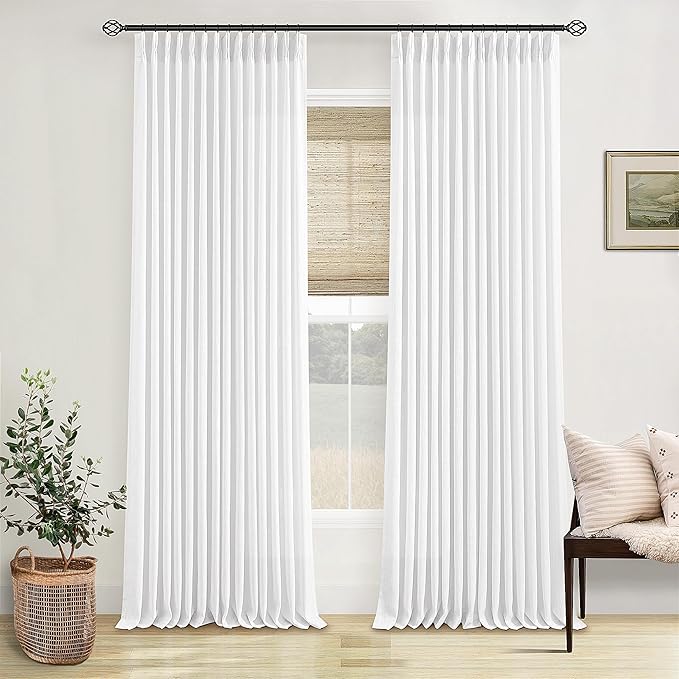 Snow White Pinch Pleated Linen Curtains 92 Inches Long 2 Panels for Living Room Bedroom Memory Training Shaped Semi Sheer Pleat Drapes with Hooks Rings Light Filtering Window Curtain 40x92