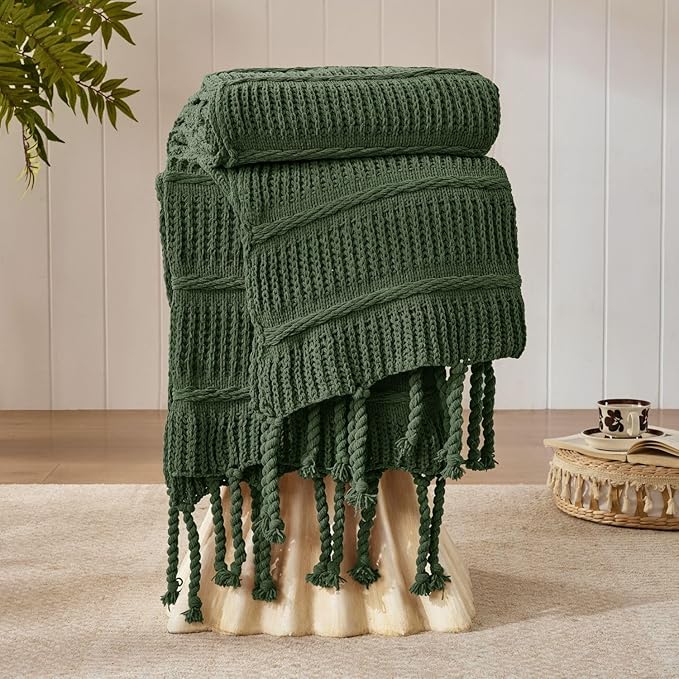 Boho Knitted Chenille Blanket with Tassels - Lightweight & Soft All-Season Throw - 3D Classic Pattern for Living Room Bedroom Couch, Imperial Green, Twin 60"x80"
