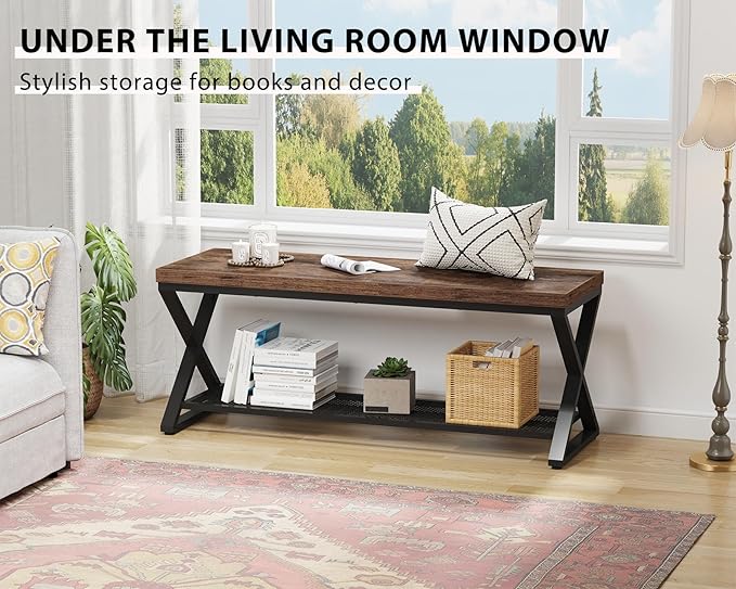 LVB Rustic Entryway Bench, 47” Shoe Bench with Storage for Entry Way, Industrial Shoe Rack Bench with Seating for Foyer Entrance, Farmhouse Wood Bench for Hallway Living Room Bedroom, Rustic Brown