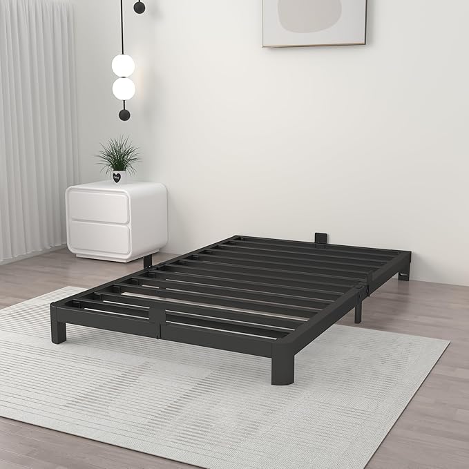 ITIMIDI 4 Inch Twin Bed Frame, Easy Assembly, Platform Bed Frames with Metal Gaskets, Round Corner Leg, No Box Spring Needed, Heavy Duty Steel Slat Support, Anti-Slip Mattress Stopper, Black