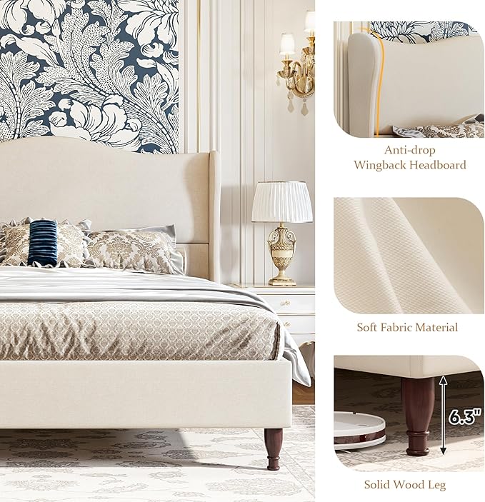 koorlian Full Size Bed Frame Upholstered Platform Bed with 51" Tall Headboard Wingback, Soft Fabric, Retro Simple Style Platform Bed No Box Spring Needed, Easy Assembly, Beige