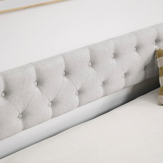 Favfurish Upholstered Twin Size Daybed with Twin Trundle, Solid Wooden Sofa Bed Frame w/Button Tufted Backrest and Copper Nail on Waved Shape Arms, No Spring Box Need, Space-Saving Design