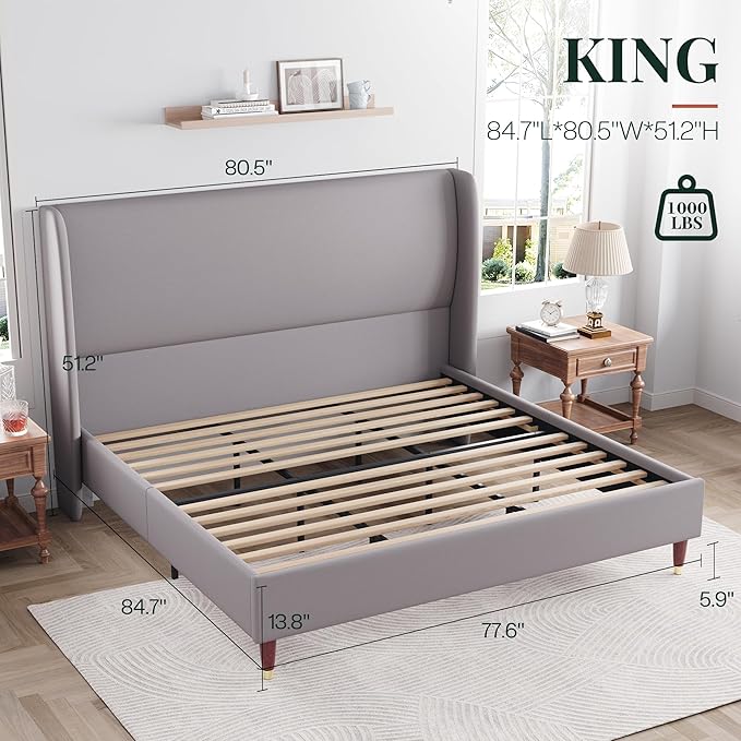 Jocisland King Upholstered Platform Bed Frame with 51.2" Tall Wingback Headboard–Solid Wood Legs, No Box Spring Needed, Light Grey Linen–Modern Style for Any Bedroom