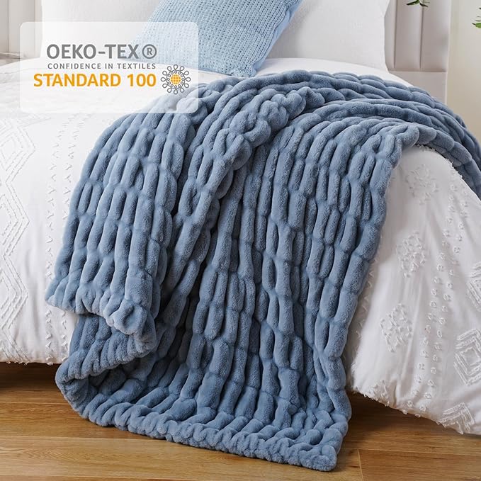 BATTILO HOME Faux Fur Throw Blanket for Couch, Super Soft Cozy Blanket, Double Sided Ruched Rabbit Faux Fur Blanket for Bed, Living Room, 50"x60", Bluish Grey