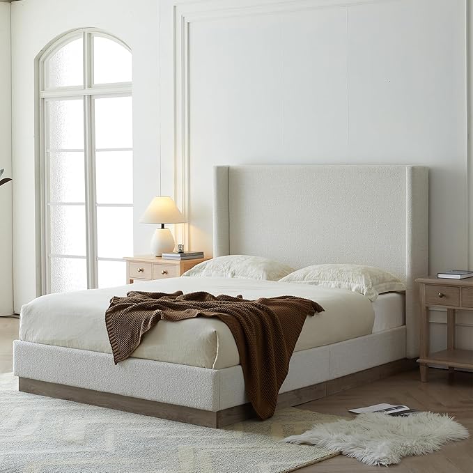 Full Size Upholstered Platform Bed Frame, 52.5" Tall Headboard Hosford Wingback Bedframes, Wood Base Floor Beds, No Box Spring Needed, No Noise, Minimalist, Cream White Boucle