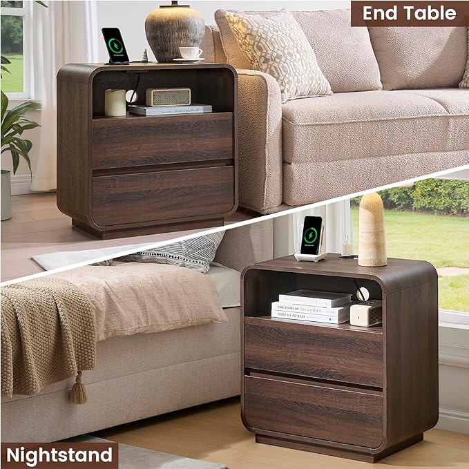 Farmhouse Night Stand, 25" Tall Wooden Nightstand with Charging Station, 2 Storage Drawers Bedside Table Curved Profile, Handleless, Large End Table Side Table for Bedroom, Office, Walnut