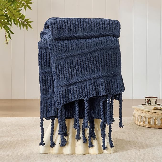Boho Knitted Chenille Blanket with Tassels - Lightweight & Soft All-Season Throw - 3D Classic Pattern for Living Room Bedroom Couch, Royal Blue, King 90"x108"