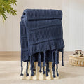 Boho Knitted Chenille Blanket with Tassels - Lightweight & Soft All-Season Throw - 3D Classic Pattern for Living Room Bedroom Couch, Royal Blue, Queen 90"x90"