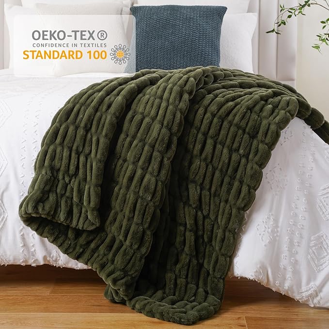 BATTILO HOME Olive Green Faux Fur Throw Blanket for Bed, Large Double Side Reversible Ruched Faux Rabbit Fur Throw for Couch, Bed, Super Soft Blanket Cozy Warm Mink Blanket, 60"x80"