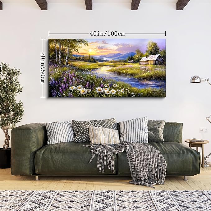 SERIMINO Large Wall Art Prints, Rural Landscape Wall Decor, Meadow Wildflower Canvas Painting, River Cottage Pictures Home Decor Living Room Bedroom, Green Scenery Farmhouse Decor Artwork 20"X40"