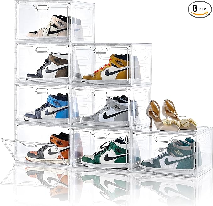 8 Pack Shoe Boxes Clear Plastic Stackable, Large Shoe Storage Organizer with Lids,Drop Side Shoe Containers for Entryway,Sneaker Storage Fit up to US Size 13 (13’’x 10.6”x 8.3”)