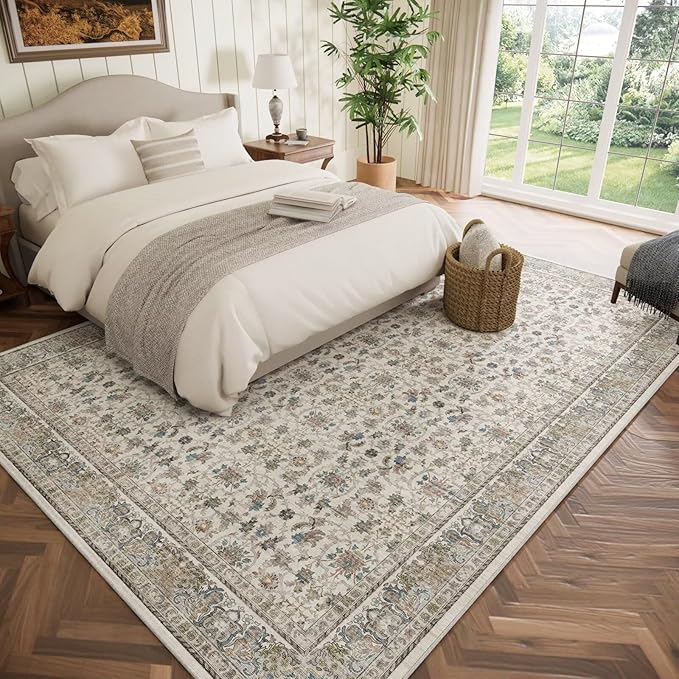 Washable 8x10 Area Rugs for Living Room, Boho Non-Slip Vintage Distress Large Rugs for Bedroom Dining Room Nursery Office, 0.3" Neutral Oriental Throw Thin Carpet, Cream/Blue/Orange/Multi