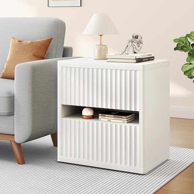 Dripex Fluted Nightstand with 2 Drawers, Large Wide Wood Night Stand Bedside Tables for Bedroom, Mid-Century Modern Storage Bed Side Table, End Tables for Living Room Sofa Couch, White, Set of 1
