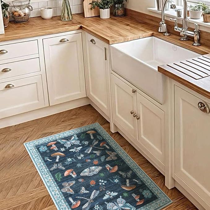 Mushroom Small Rug 2x3 Washable Door Mat Indoor Rugs for Entryway Non-Slip Soft Ultra-Thin Stain Resistant Foldable Rugs Kitchen Bedroom Living Room Blue