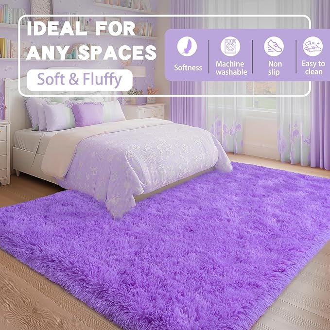 Fluffy Rugs for Living Room 6x9, Large Purple Shag Rug for Bedroom Girls Kids Playroom, Non-Slip Indoor Floor Carpet, Soft Fuzzy Shaggy Rug for Home Decor Aesthetic