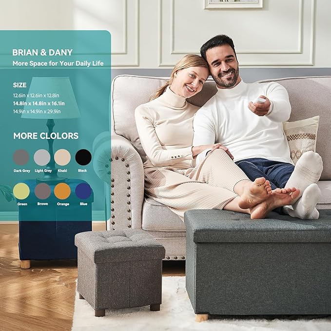 BRIAN & DANY Ottoman with Storage, Small Storage Ottoman for Dorm, Linen Folding Ottoman Foot Stool with Legs for Living Room and Bedroom, 14.8"x14.8"x16.1" - Blue