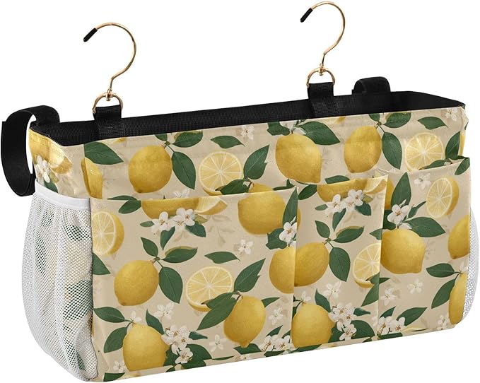 Bedside Caddy Hanging Bunk Bed Caddy Bed Organizer Hanging Pocket with 2 Hooks Bedside Storage Organizer Pocket Bag Holder Beige Lemons and Flowers