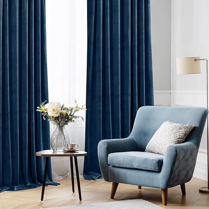 StangH Blue Velvet Blackout Curtains 96 inches Long Navy Blue Thick Thermal Insulated Window Treatment Luxury Home Decor for Sliding Door/Bedroom/Dining Room, W42 x L96, 2 Panels
