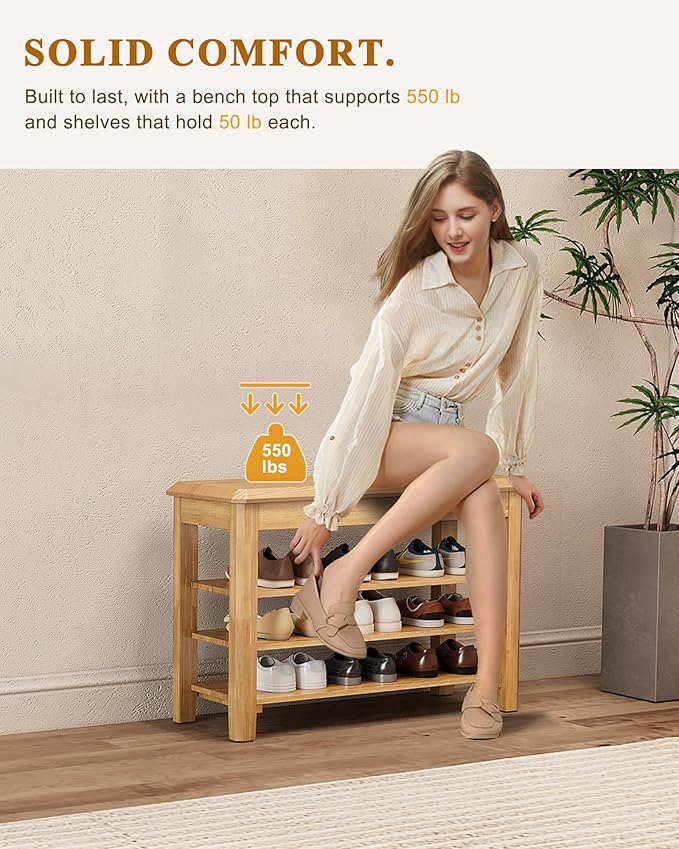 Shoe Rack Bench Seat Rubberwood 3-Tier Wooden Storage Bench 550lbs Compact Mid-Century Modern Design for Entryway, Hallway, Closet, Front Door Entrance, Foyer