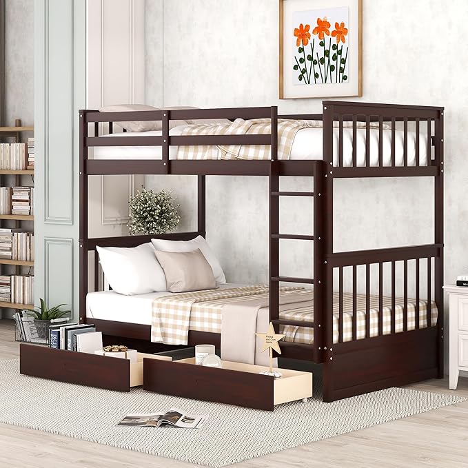 Merax Wood Bunk Bed with Drawers,Convertible Wood Bunk Bed with Ladders and Two Storage Drawers,Solid Wood Detachable Bed Frame with Ladders,Twin Over Twin Size,Espresso