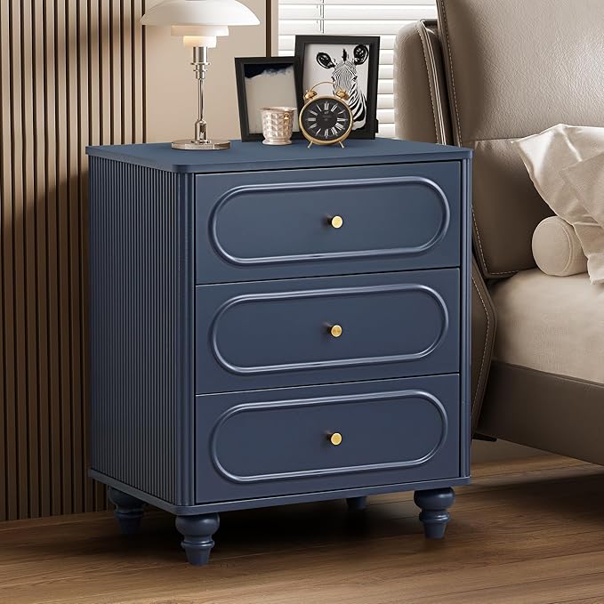 3 Drawer Fluted Dresser for Bedroom Set of 2, Mid Century Modern Chest of Drawers, Wood Storage Small Dresser Organizer for Bedroom Living Room Hallway Closet, Blue