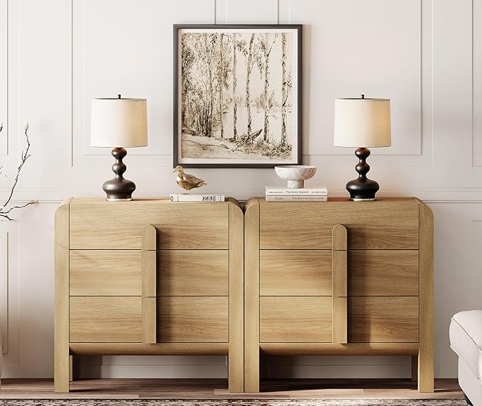 WAMPAT 6 Drawer Dresser for Bedroom,2 in 1 63" Wide Mid Century Modern Wide Chest of Drawer, Wood Tall Nightstand with Curved Edge Handles, Closet Dresser TV Stand for Bedroom, Light Walnut