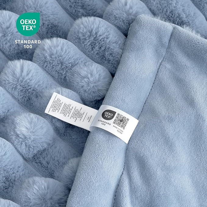 Cozy Bliss Faux Fur Throw Blanket for Couch, Cozy Warm Plush Striped Blanket for Sofa Bedroom Living Room, 60 * 80 Inches Light Blue