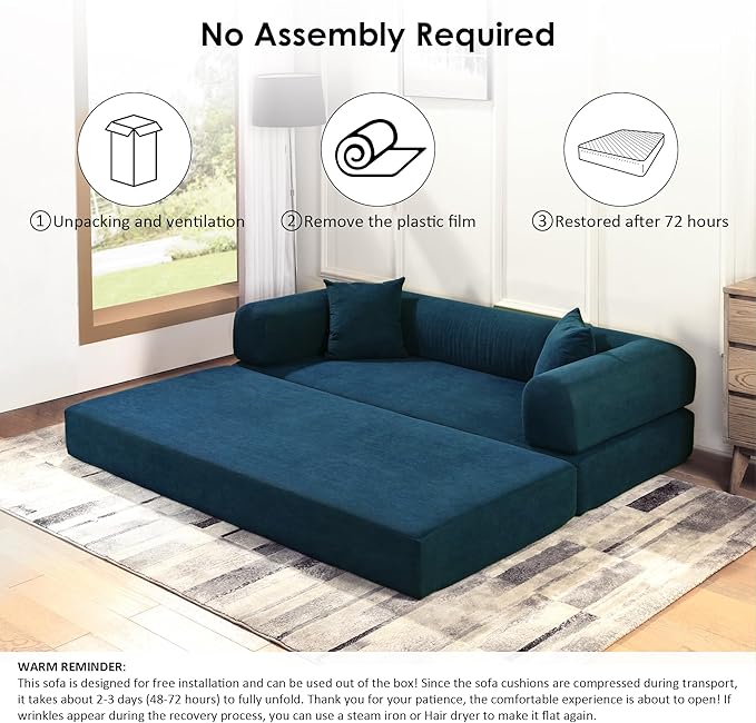 80" Convertible Sofa Bed, Corduroy Deep Seat Folding Pull Out Couch with Pillows, No Assembly Modern Boneless Couch Compression Sofa in Box, Floor Sofa with Storage Pocket for Living Room,Dark Blue