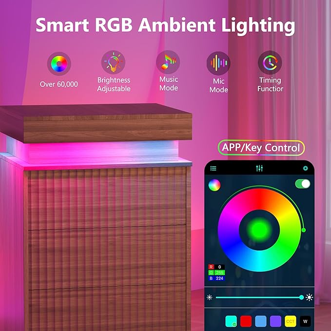Walnut Nightstand with 3 Drawers and LED Light, Mid Century Modern Fluted Night Stand with Charging Station, Bedside Table & End Table for Bedroom