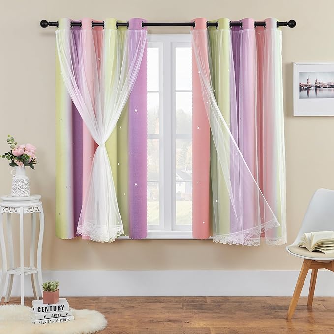 XiDi Curtains for Bedroom Decor, Rainbow Pink PurpleYellow52/54/1