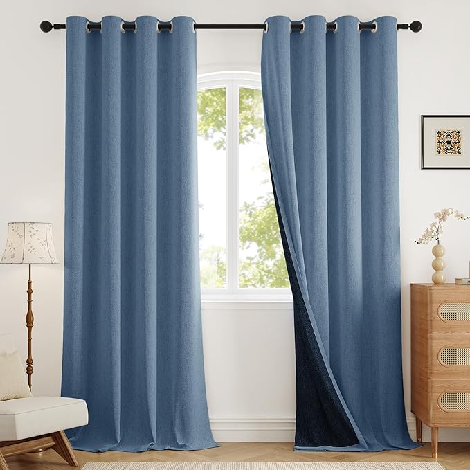 100% Blackout Curtains for Bedroom 90 inch Length 2 Panels Set, Farmhouse Linen-Look Textured Full Light Blocking Room Darkening Thermal Insulated Drapes for Living Room (W52xL90, Blue)
