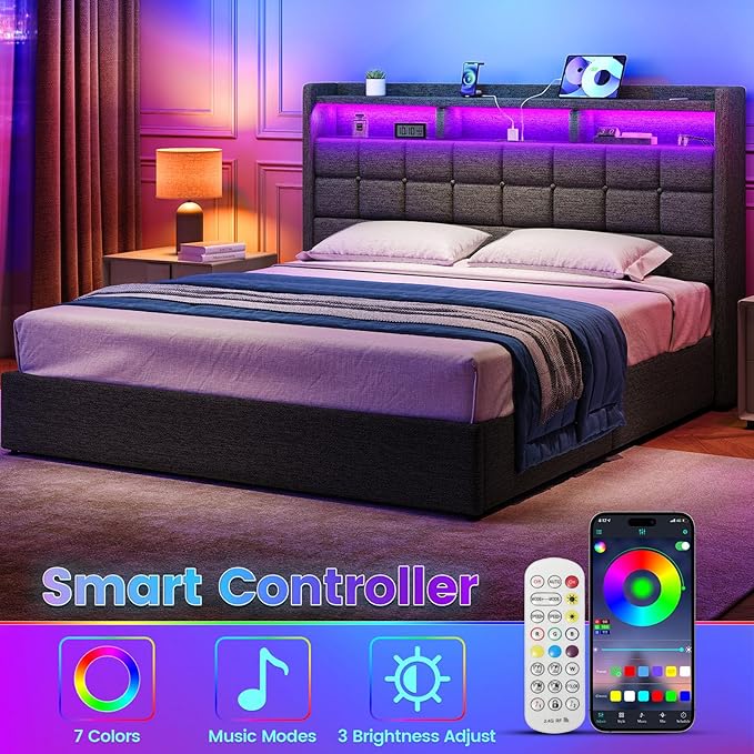 Lift Up King Size Bed Frame with Storage, Upholstered King Bed Frame with Charging Station and LED Lights Headboard, No Box Spring Needed, Easy Assembly - Dark Grey