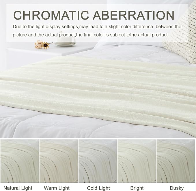 Chenille Throw Blanket for Couch 60"X 80" Twin, Soft Cozy Throws with Fringe Tassel for Bed Sofa Chair Cover, Lightweight Knitted Decorative Boho Blankets for Living Room, Ivory White