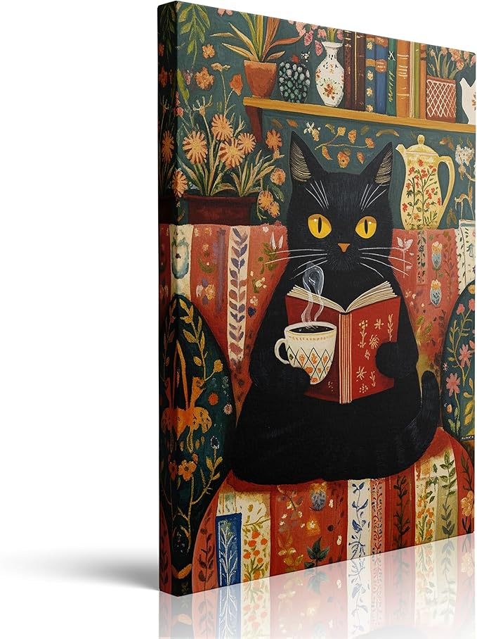 Black Cat Wall Art Canvas Reading Cat Artwork Cozy Library Illustration Vintage Folk Style Animal Painting Cottagecore Home Decor For Living Room Bedroom Study Office Book Lover Gift 12x16 Inches